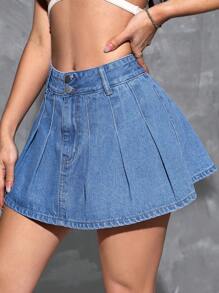 SHEIN EZwear Women's Denim Pleated A-Line Skirt - Medium Wash - View 5