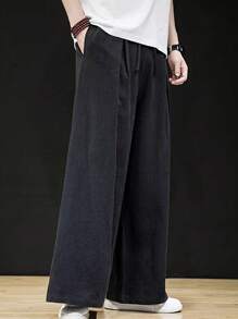 Manfinity RSRT 中式提花寬鬆休閒褲男士低襠寬鬆長褲，色塊純黑色外出穿著 - 黑色 - 查看 5