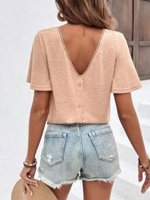 SHEIN Frenchy Butterfly Sleeve V-Neck T-Shirt With Back Decorative Buttons Summer Casual - Apricot - View 6