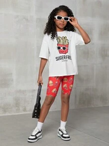 SHEIN Tween Girl Casual Khoai tây chiên kiểu Pháp & Bộ áo ngắn tay in chữ và quần short có đường viền cổ tròn, mùa xuân/hè - Nhiều màu - Xem 4