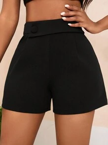 SHEIN Lady 女款休閒純色高腰短褲，夏季 - 黑色 - 查看 3