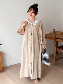 FRIFUL Women's Solid Color Single-Breasted Drop Shoulder Dress - Apricot - View 4