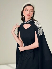 Al Najma 優雅的土耳其長洋裝,鑲嵌鉆石裝飾,阿拉伯傳統服裝 - 藏蓝色 - 查看 3