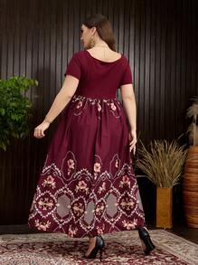 Mulvari Váy chữ A in hoa cỡ lớn màu đỏ tía có eo thắt và cổ khoét sâu - Màu Đỏ Sâu - Xem 2