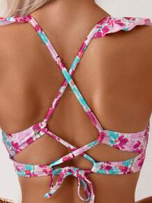 Swim Mod 花卉印花荷葉邊比基尼套裝，裝飾性邊緣設計，海灘裝泳衣夏季