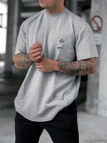 2025 Summer New Men's Coconut Tree & Letter Print Round Neck Short Sleeve Casual T-Shirt