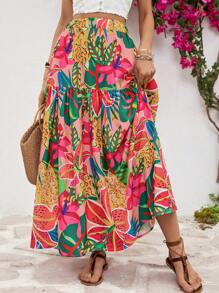 Vivid Eden Summer Women's Long Flower Printed Loose Skirt With Ruffled Hem - Multicolor - View 4