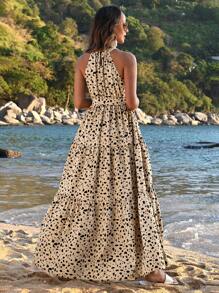 SHEIN Maternity Allover Print Halter Neck Dress With Ruffled Hem - Khaki - View 2