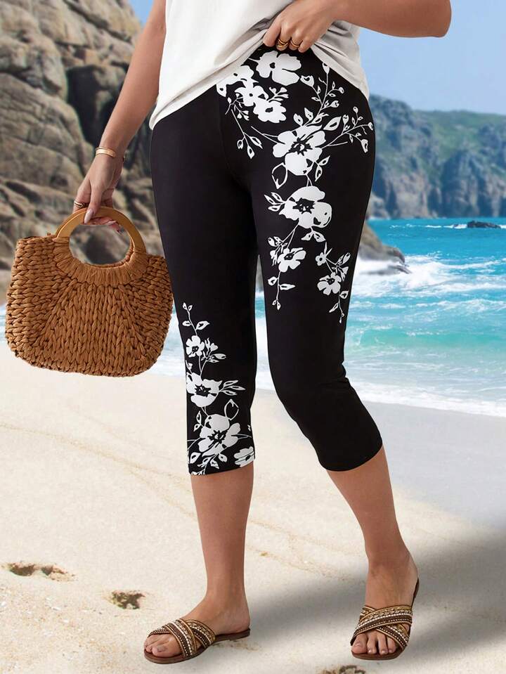 EMERY ROSE Plus Size Floral Printed Capri Leggings SHEIN USA