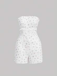 SHEIN Qutie Kwiatowy Nadrukowany Bez ramiączek Kombinezony Z Elastyczny pas - Biały - Zobacz 1