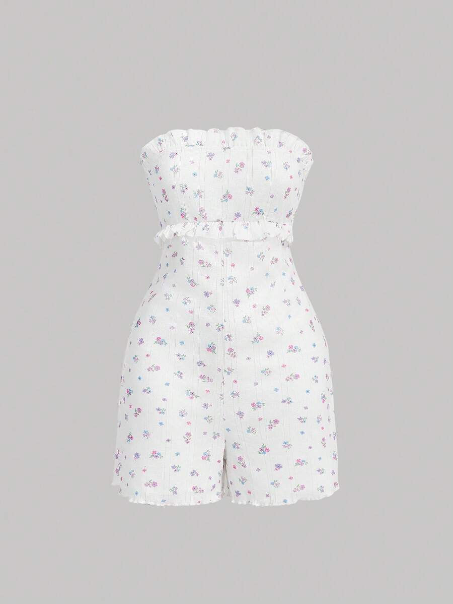 SHEIN Qutie Kwiatowy Nadrukowany Bez ramiączek Kombinezony Z Elastyczny pas - Biały - Zobacz 1