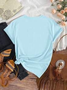 SHEIN Camiseta de cuello redondo de manga corta con estampado de leopardo y cara sonriente, blusas gráficas para mujer