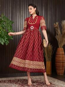 Al Najma 女士全印花缺口领系带阿拉伯风格晚礼服，优雅晚会礼服 - 紅色 - 查看 8