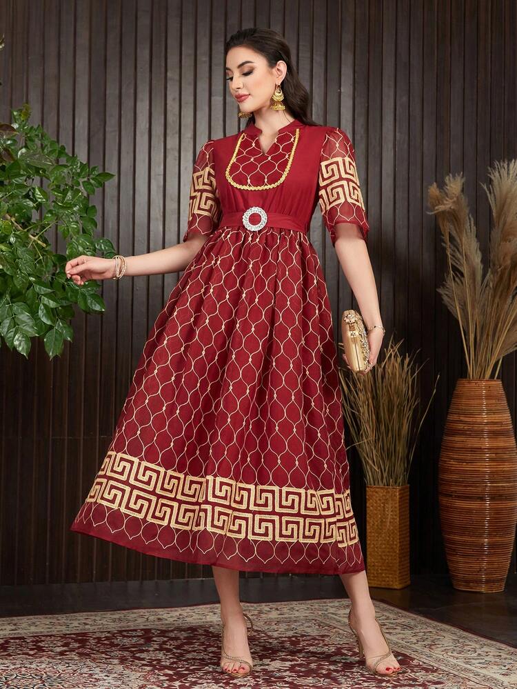 Women's Full Printed Notched Collar Belted Arabic Style Evening Dress, Elegant Evening Party Dress