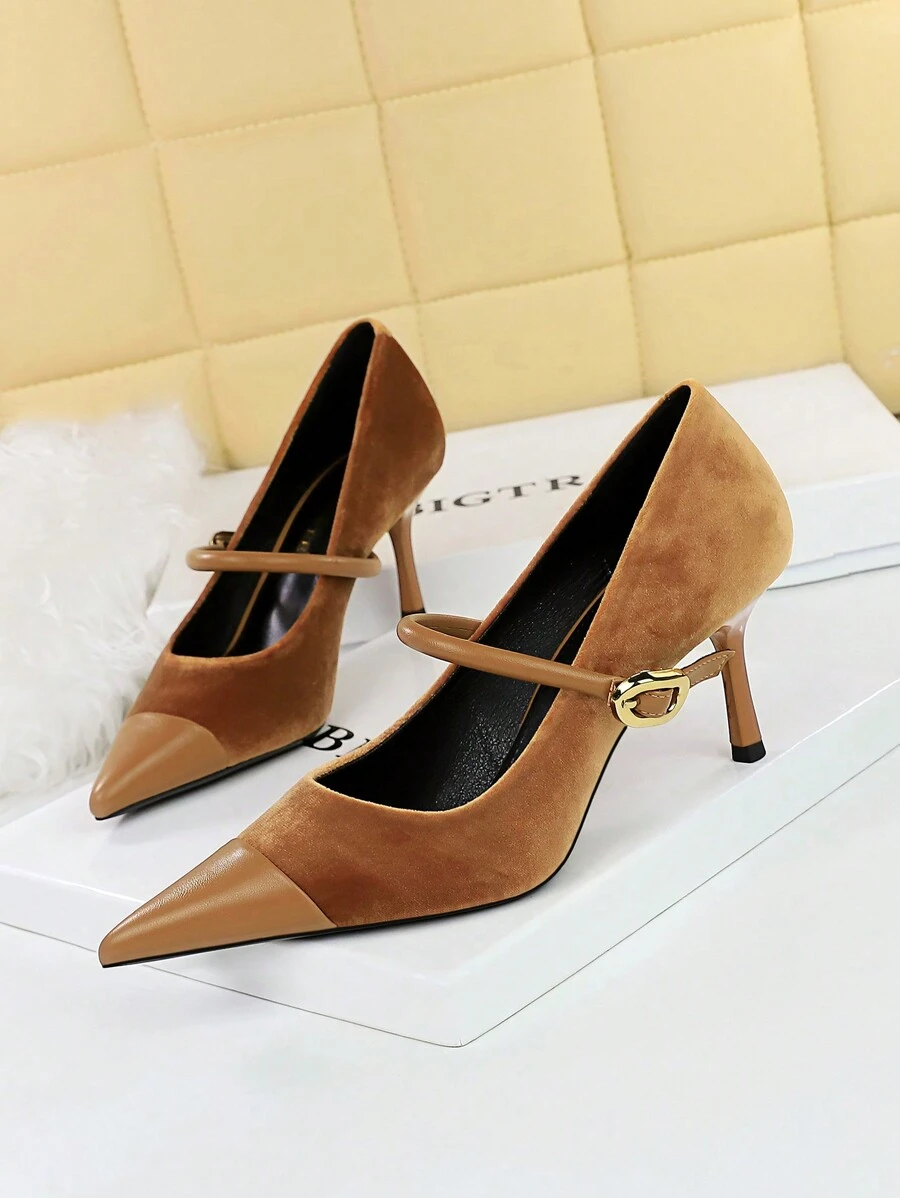 韩式女士派对高跟鞋，细跟绒面低帮尖头鞋，带踝带 - 駝色 - 查看 1