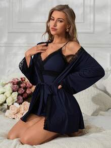 Kant Getrimd Slaapkleding En Badjassen Pyjama's - Donker blauw - Bekijken 6