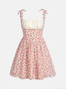 Teenage Girl's Woven Splicing Patchwork Floral Pattern Cami Dress