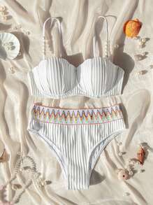 SHEIN Swim Summer Beach Embroidery Woven Texture Bikini Swimwear Set - White - View 3