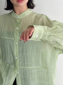 FRIFUL Women's Stand Collar Drop Shoulder Long Sleeve Shirt Sheer