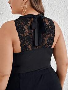 SHEIN Privé Áo ba lỗ cổ không tay có ren phối ren dành cho nữ cỡ lớn - màu đen - Xem 7