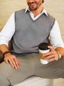 Manfinity Mode Áo len không tay dệt kim nam có viền cổ chữ V tương phản, Không tay, Bạn bè, Đô thị, Thời trang, Trơn, Áo len nam, Áo len, Áo ghi lê xám, Áo len nam, Áo len không tay - Màu xám đen - Xem 8