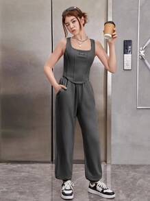 SHEIN Leap Crew Teen Girl Knitted Asymmetrical Hem Tank Top And Jogger Pants Casual 2pcs