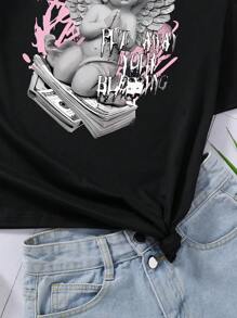 Dark Style Angel Wing Print Crew Neck Street Wear T-Shirt For Teen Girl Unique Design, Popular On INS Summer Holiday - Black - View 4