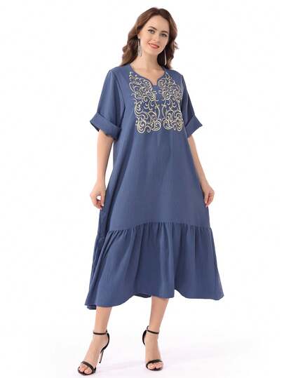 斋月刺绣 V 领宽松拼布褶皱阿拉伯风格连衣裙 Jalabia，传统优雅设计，适合 2025 年春夏