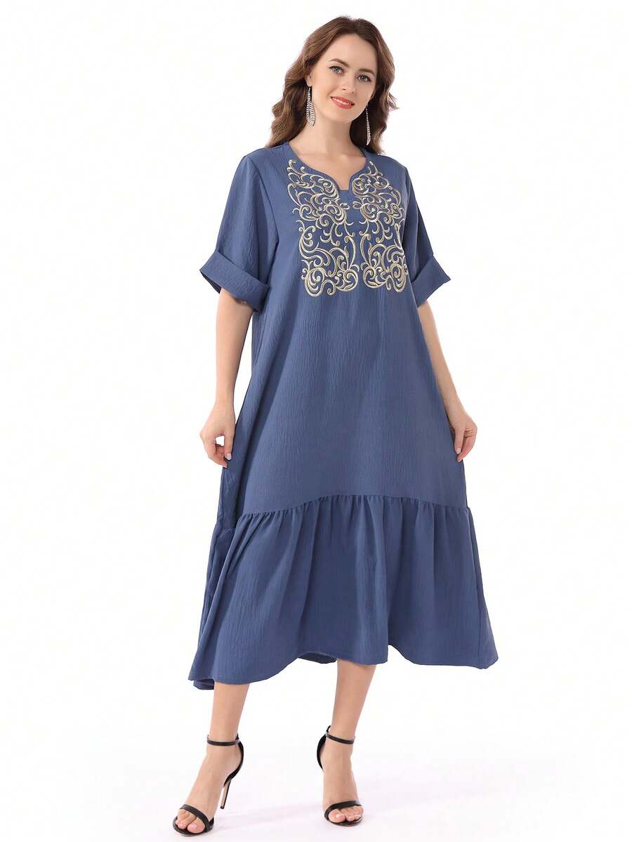 斋月刺绣 V 领宽松拼布褶皱阿拉伯风格连衣裙 Jalabia，传统优雅设计，适合 2025 年春夏