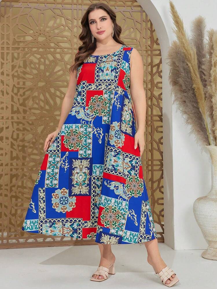 Plus Size Floral Dress And Solid Long Top 2pcs/Set 2 Piece Set