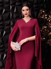 Modelyn Vestido de fiesta de color rojo borgoña con mangas tipo capa, decoración con cristales, estilo simple para mujer - Burdeos - Ver 2