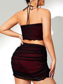 SHEIN ICON Plus Size Asymmetrical Hem Ruched Halter Top And Bodycon Skirt, Club & Festival & Concert Set