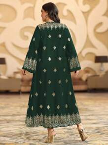 Al Najma 大尺碼女士阿拉伯服裝,長袖花卉印花,金色鍍金編織肩帶設計 - 墨綠色 - 查看 2