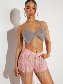 Denimoi Chain Fringe Raw Hem Denim Shorts - Pink - View 4