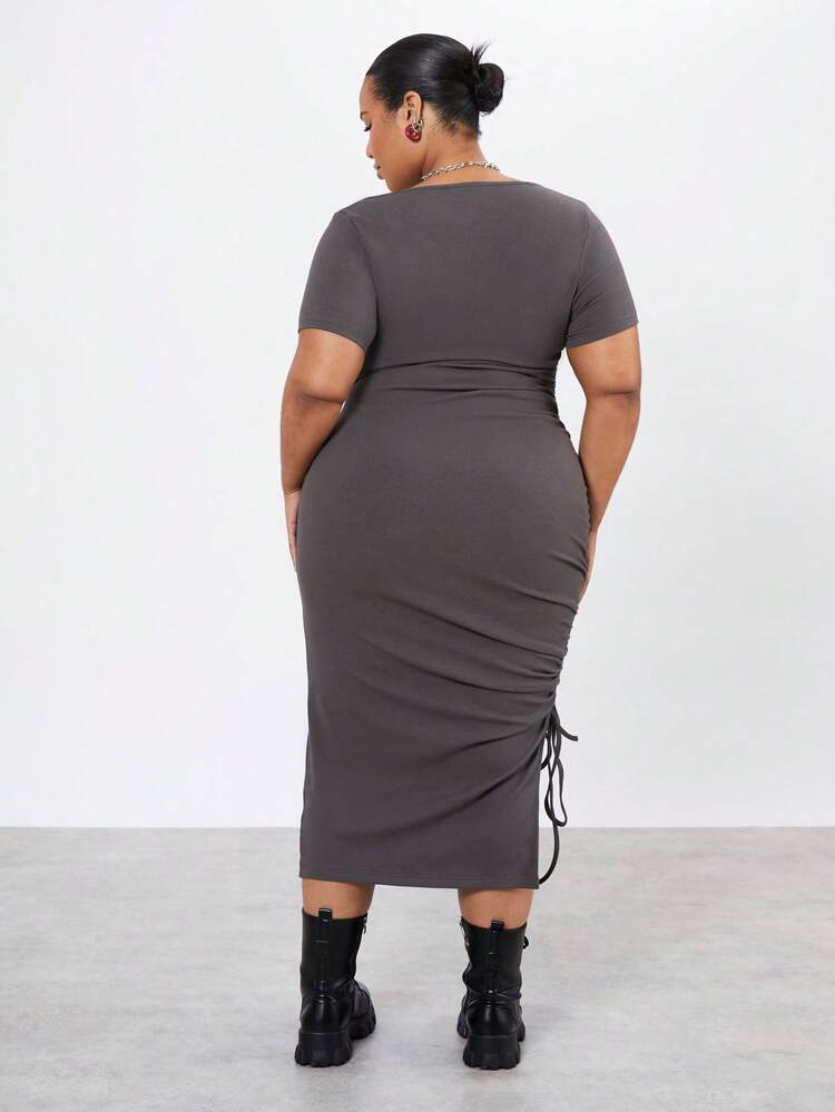 Plus Size Solid Color Slim Fit Sundress With Drawstring And Side Slits