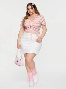 SHEIN Qutie Plus Size Women's Rainbow Stripe Front Drawstring Ruched Short Sleeve Knitted Top