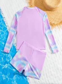 Tween Girl Random Print Raglan Long Sleeve Top And Shorts Tankini Set - Pink - View 7