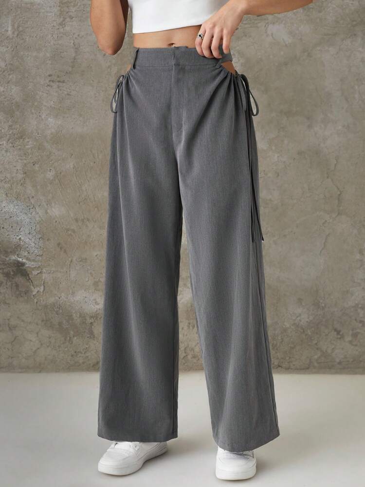 Solid Color Elastic Waist Hollow Out Straight Leg Casual Suit Pants