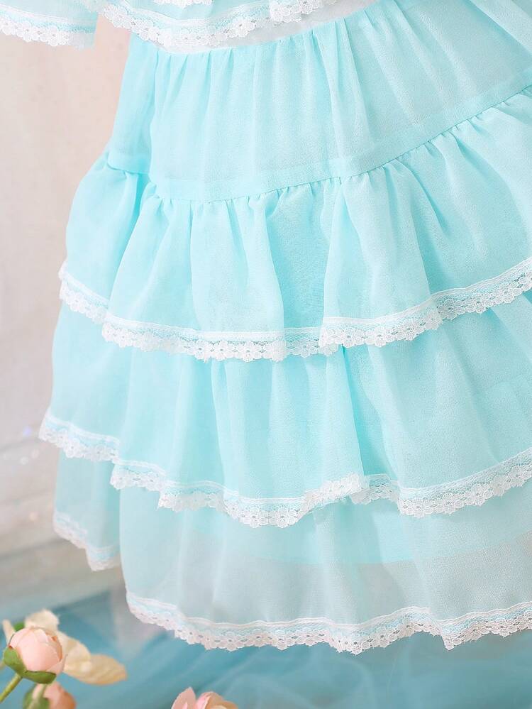 Stylish Baby Girl's Lace And Ruffle Trimmed Patchwork Dress With Decorative Trim