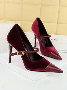 Fall/Winter 2025 Party High Heels Thin Heels Low Vamp Pointed Suede & Metallic Buckle Detail Single Strap Women's Shoes, Elegant, Women Pumps,Elegant
