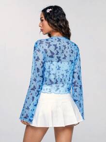 SHEIN Qutie Butterfly & Lace Patchwork Semi-Sheer Sweet & Cool Strap Top For Women