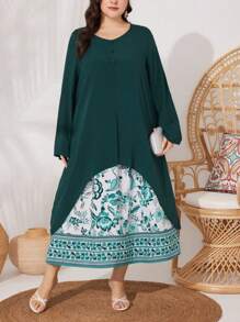 Mulvari Ensemble de 2 pièces: Chemise femme grande taille à ourlet asymétrique et robe longue sans manches à imprimé floral