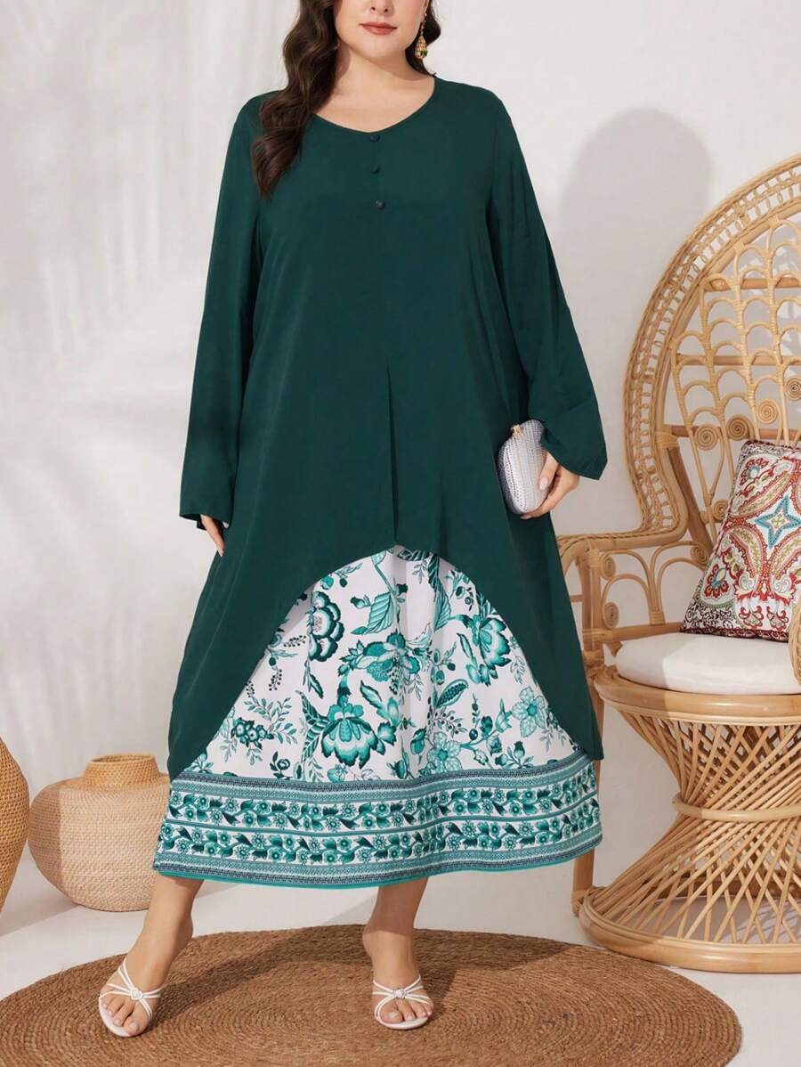 Mulvari Ensemble de 2 pièces: Chemise femme grande taille à ourlet asymétrique et robe longue sans manches à imprimé floral