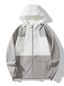 男士春秋時尚休閒彩塊拉鍊前帶束帶帽夾克 - 淺灰色 - 查看 1