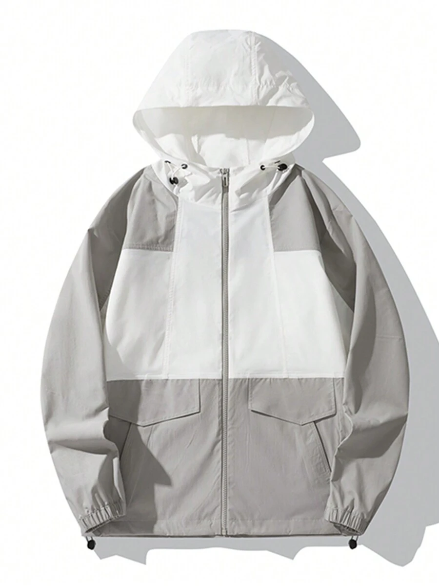 男士春秋時尚休閒彩塊拉鍊前帶束帶帽夾克 - 淺灰色 - 查看 1