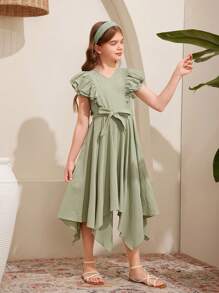 SHEIN Tween Girls' Casual And Daily Wear Spring/Summer Solid Color Woven V-Neck Long Dress With Ruffle Hem