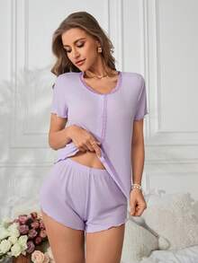 女性淺紫色蕾絲拼接短袖短褲睡衣套裝 - 紫色 - 查看 3
