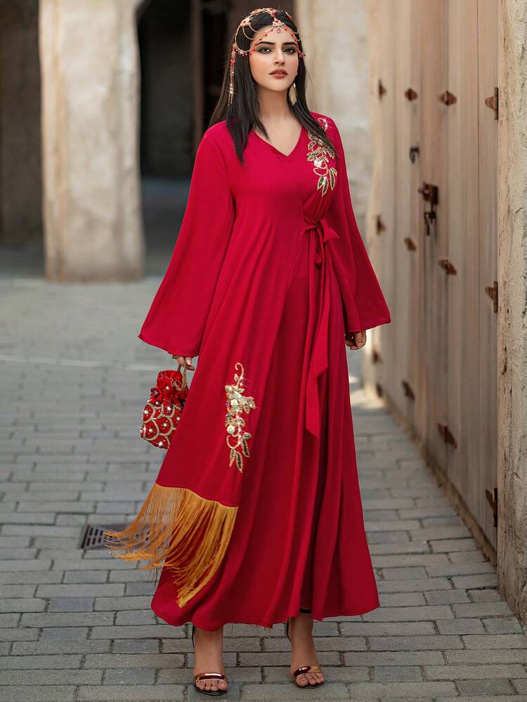 Women's Flared Sleeve Embroidered Fringed Evening Arabian Dress