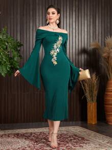Modelyn 女士花卉刺绣露肩连衣裙长款晚礼服秋季女士布料 - 墨綠色 - 查看 7