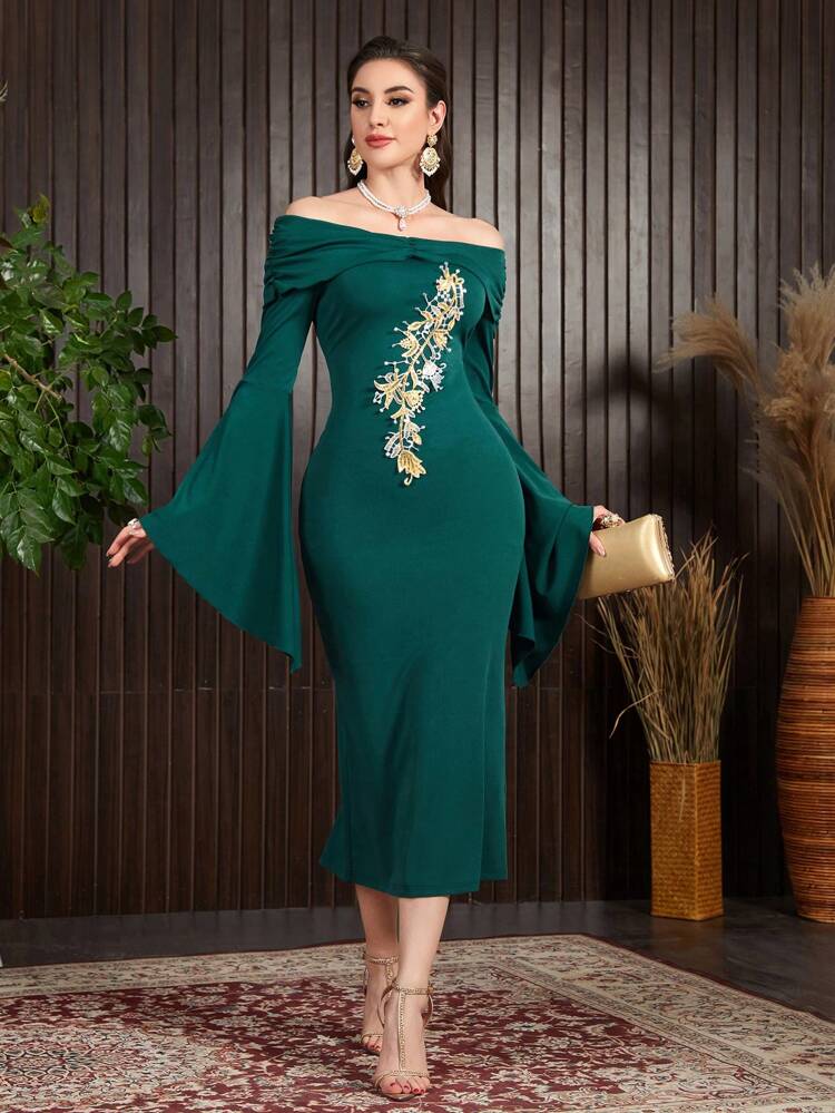 Women's Floral Embroidery Off-The-Shoulder Dress Long Evening Dresses Fall Cloth For Women